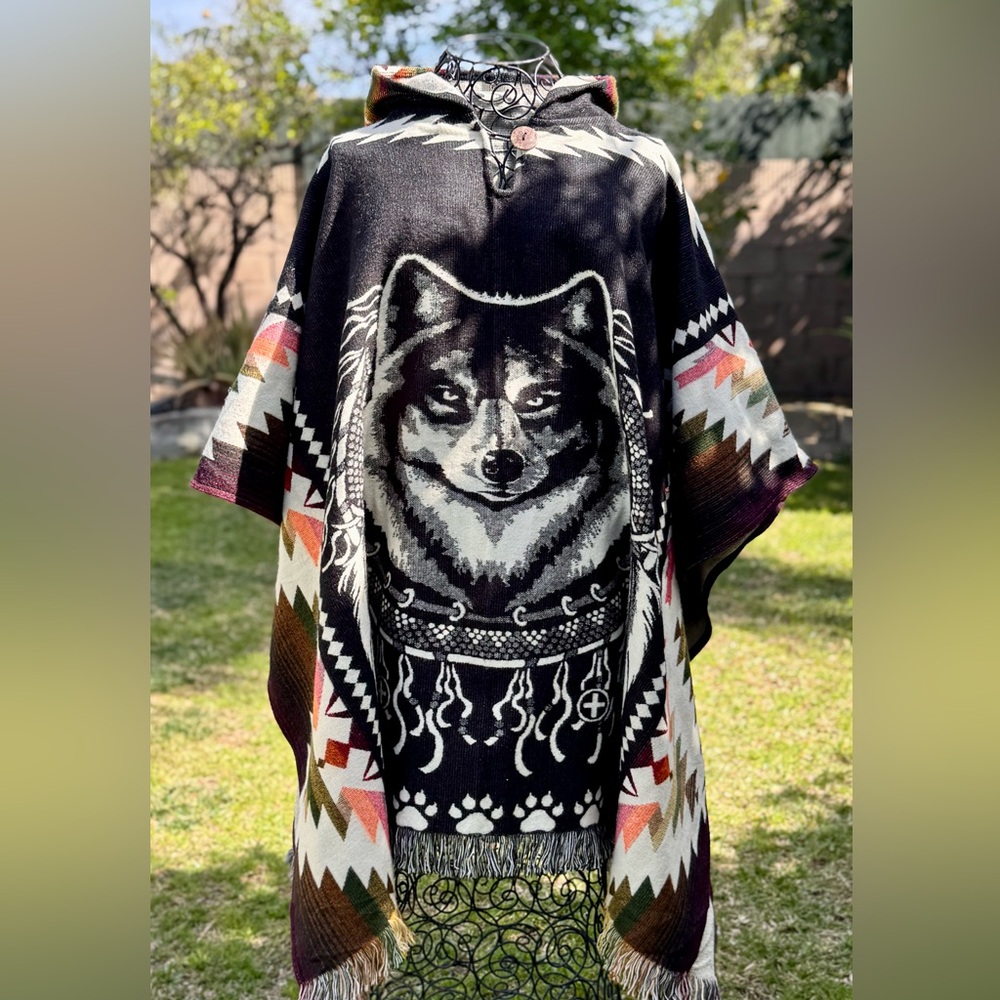 Native alpaca wolf poncho, unisex, one size, hooded, handmade in Ecuador.